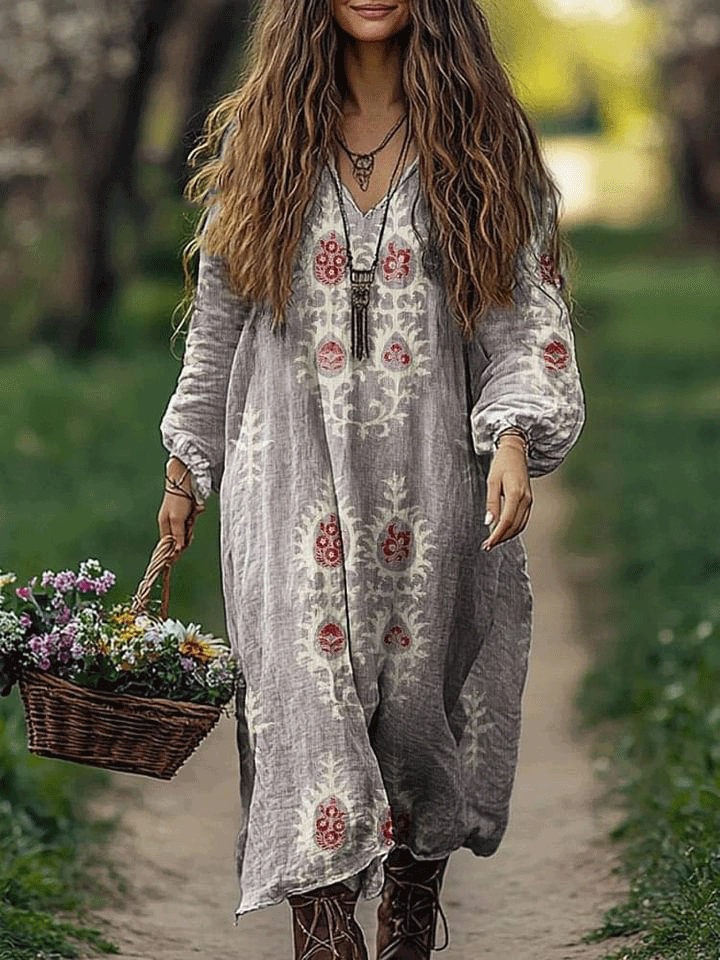 Women's Retro Ethnic Art Pattern Print Loose V Neck Pocket Cotton Dress
