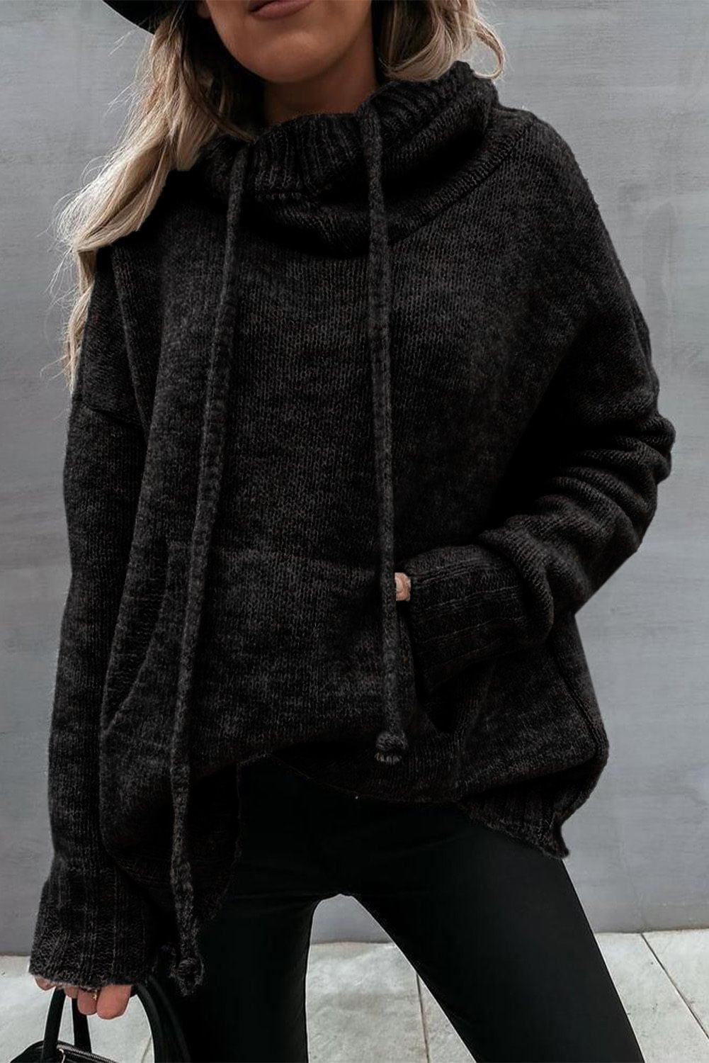 Black Kangaroo Pocket Cowl Neck Knitted Sweater-PABIUYOU- Women's Fashion Leader