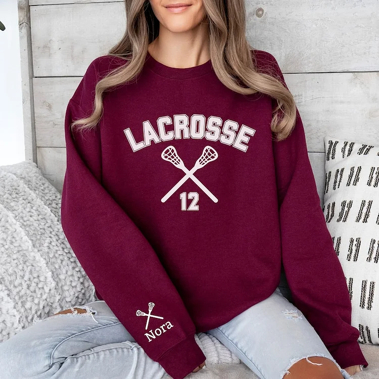 Custom Lacrosse Sweatshirt Personalized with Lacrosse Player's Number on Front and Name on Sleeve, Crewneck Sweatshirt,  Lacrosse Lover gift