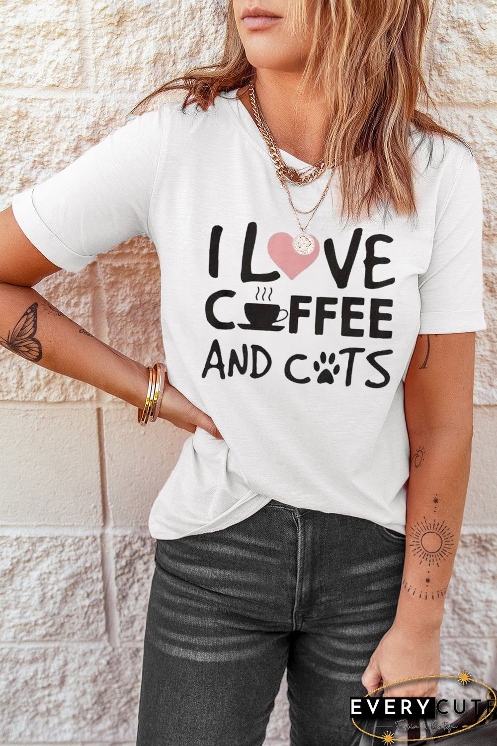 White I LOVE COFFEE AND CATS Short Sleeve Graphic Tee