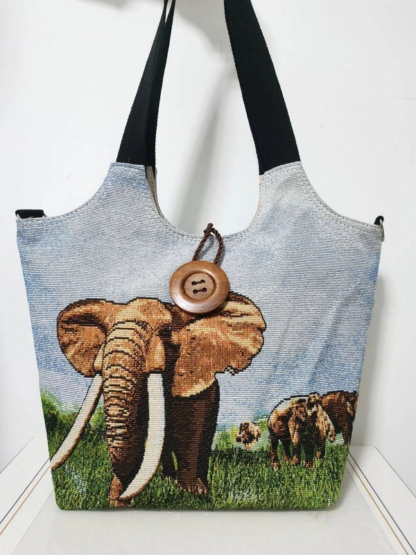 Women’s Large Canvas Elephant Ethnic Style Square Zipper Shoulder Bag