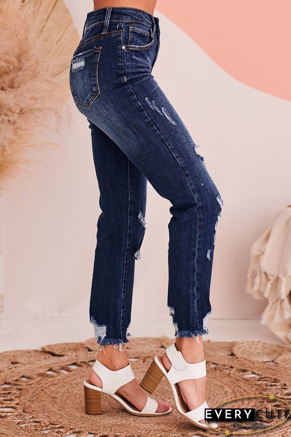 High Waist Cropped Distressed Ripped Jeans with Pockets
