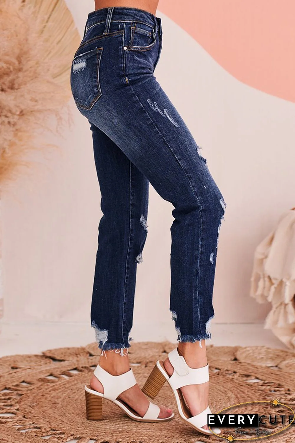 High Waist Cropped Distressed Ripped Jeans with Pockets