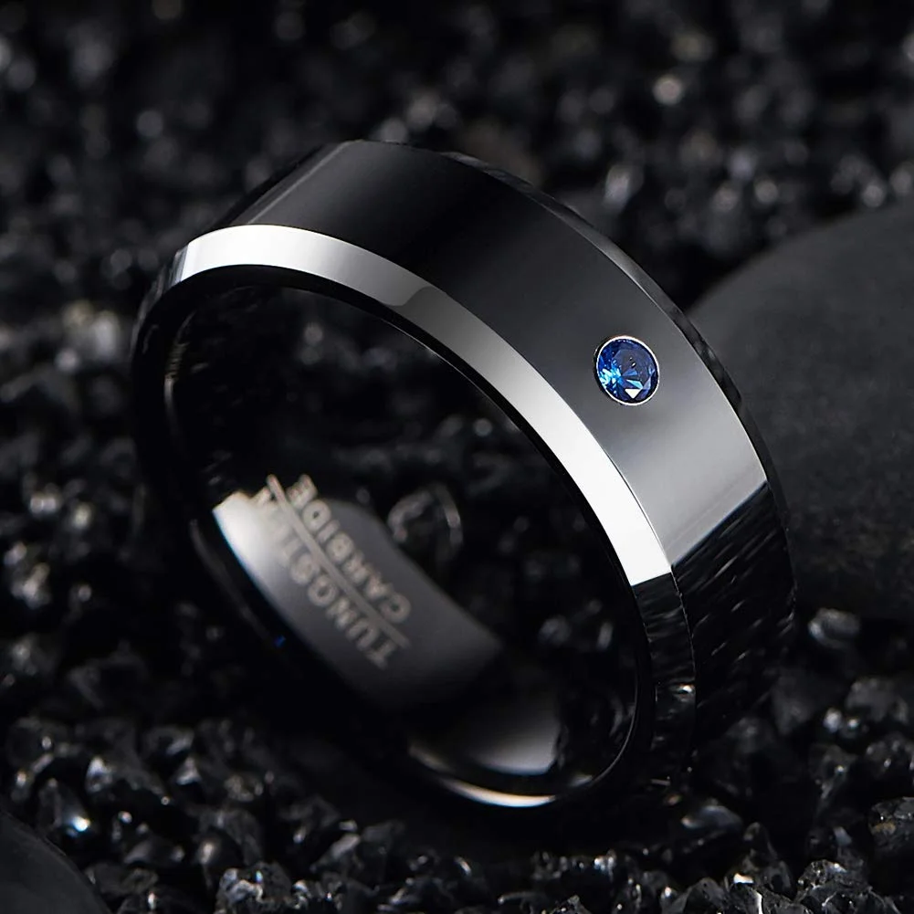 6MM 8MM Mens Women Black Tungsten Carbide Couple Wedding Bands Polished Beveled Edge with Blue CZ Comfort Fit