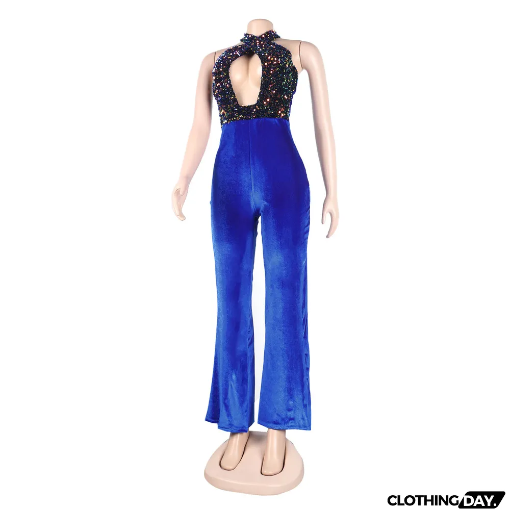 Sexy Sequins Halter Neck Lace-Up Jumpsuit Clubwear