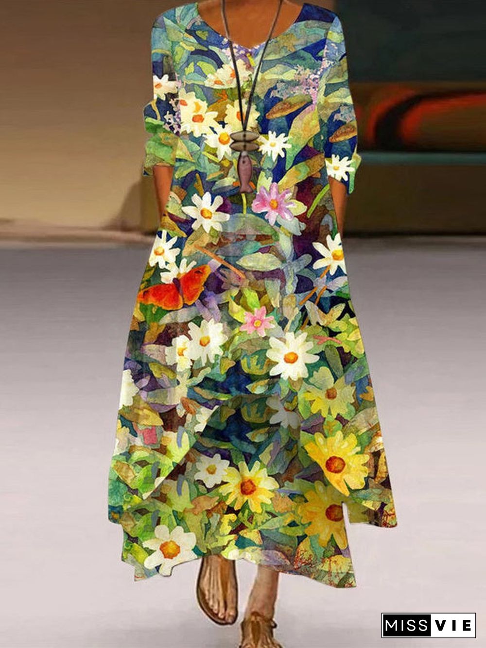 Women Half Sleeve V-neck Floral Printed Maxi Dress