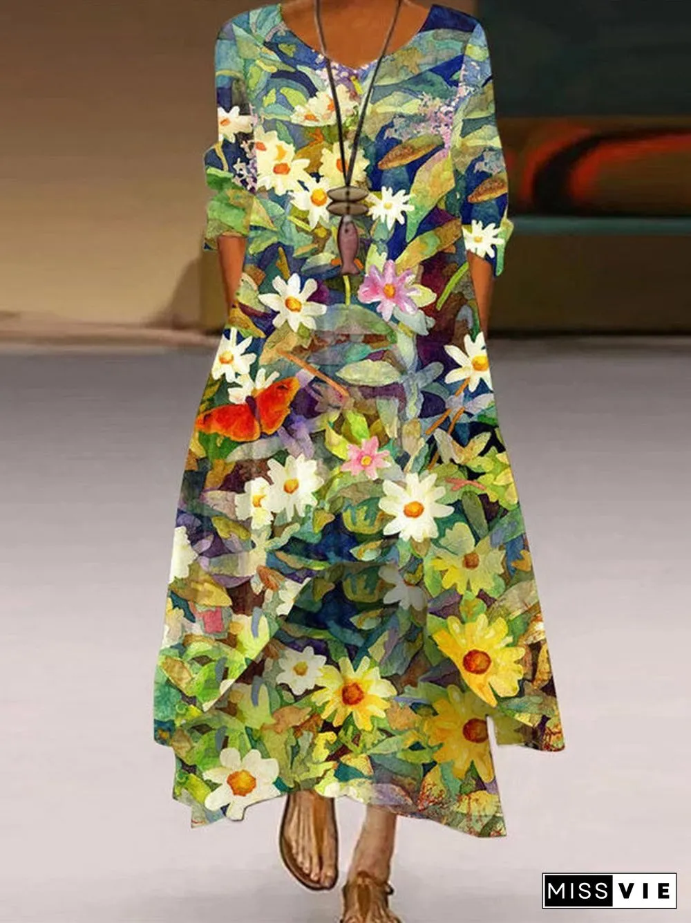Women Half Sleeve V-neck Floral Printed Maxi Dress