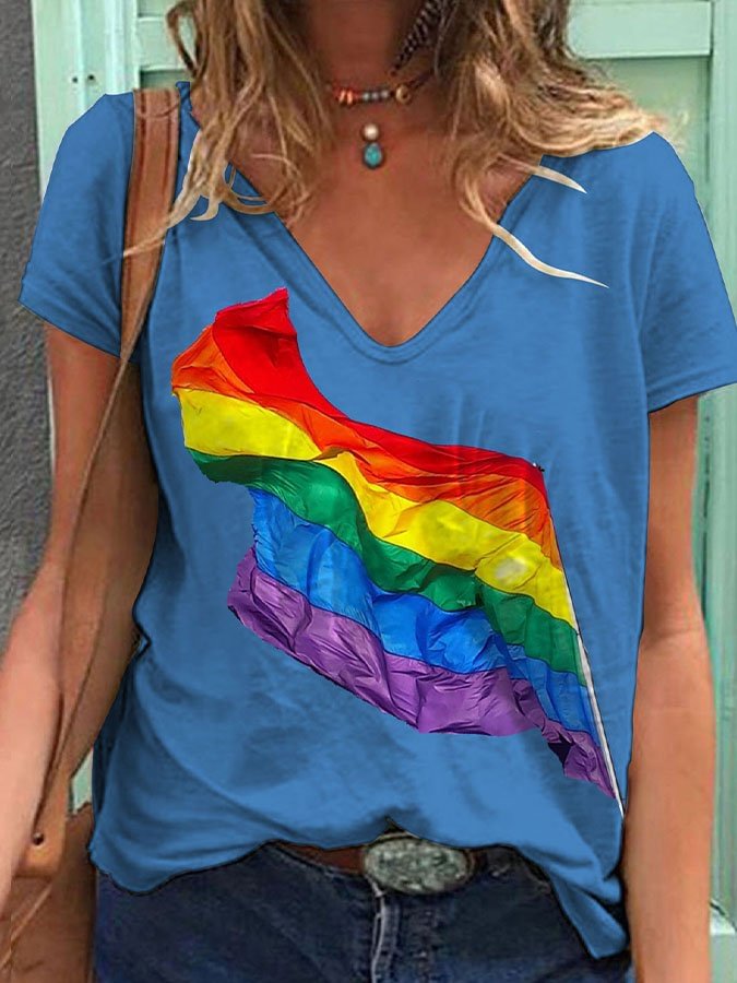 Rainbow  Print V-Neck T-shirt
