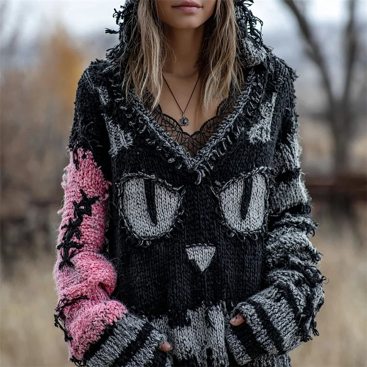 Halloween Black Cat Face Contrast Distressed Knit Hooded Sweater