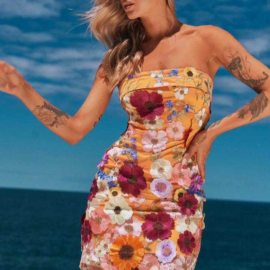 Colorful flower embroidered off-shoulder dress