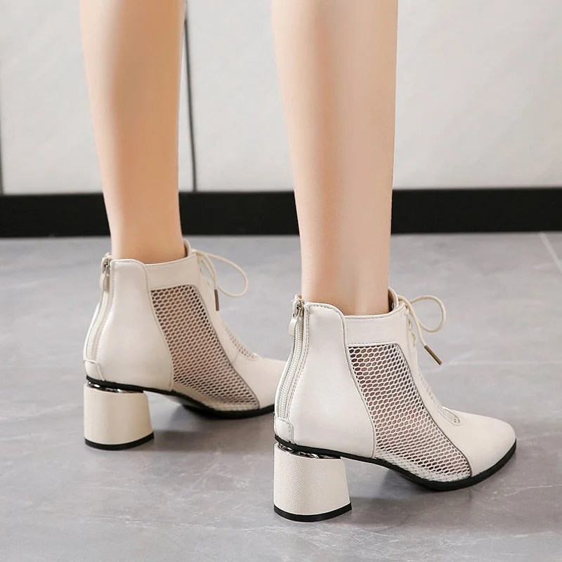2022 Summer Sexy Black Ankle Boots For Women Mesh Breathable High Heels Botas De Mujer Pointed Toe Thick Heeled Sandals