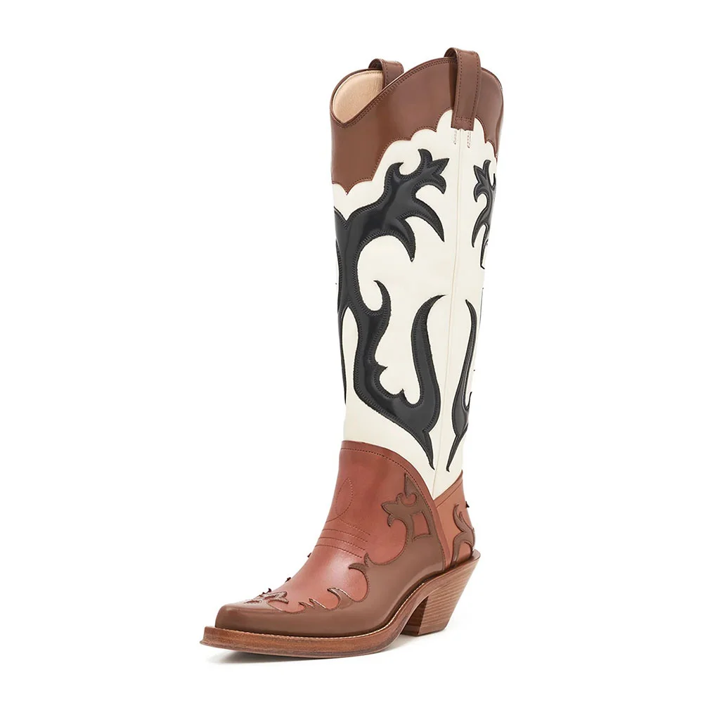 Chic Multicolor Chunky Low Heel Pull On Western Boots with Stitching