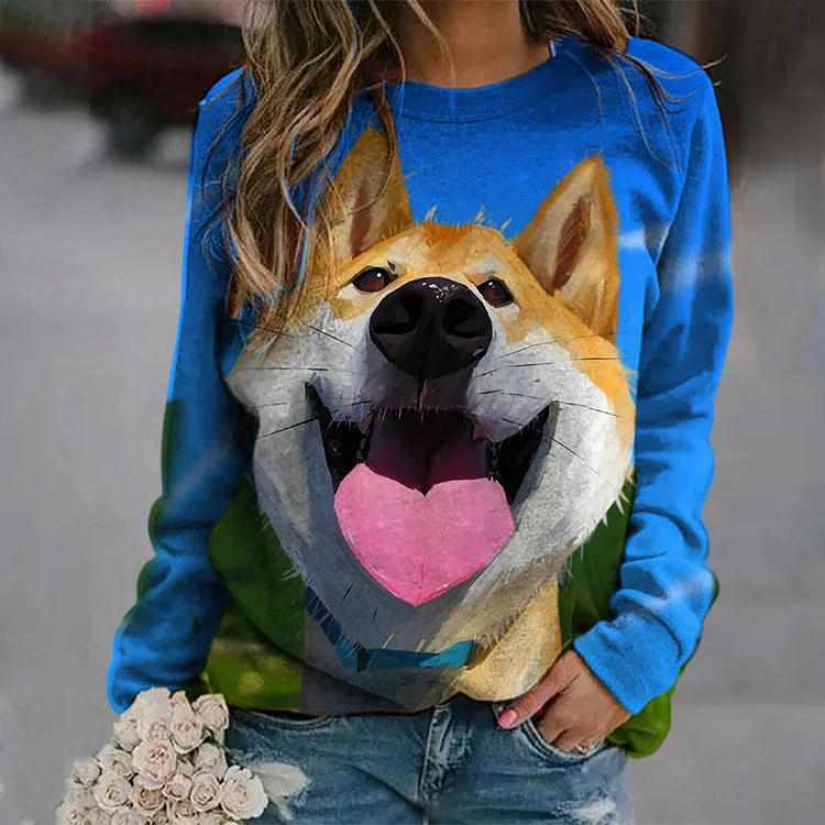 Vefave Happy Dog Print Crew Neck Casual Sweatshirt