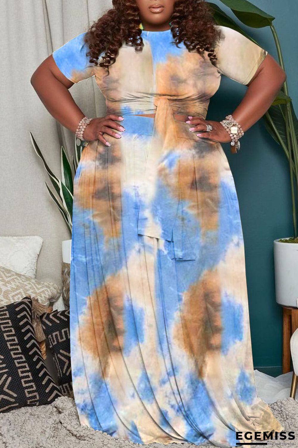 Blue Casual Print Tie Dye Bandage Patchwork O Neck Plus Size Two Pieces | EGEMISS