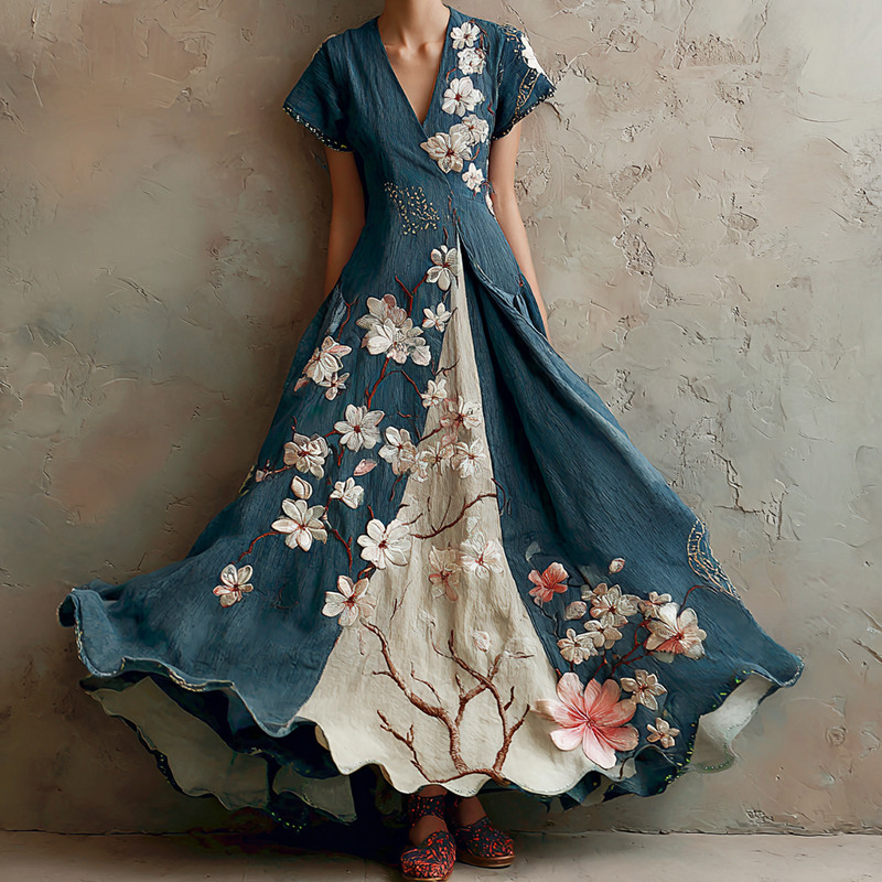 Women's Retro Japanese Sakura Artistic Linen Short Sleeve Dress