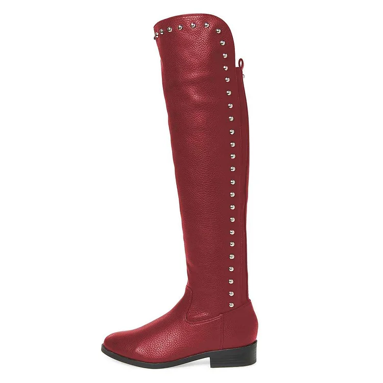 Maroon Studs Round Toe Flat Long Boots Knee High Boots |FSJ Shoes