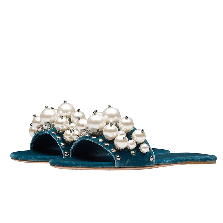 Blue Velvet Pearl Women's Slide Sandals |FSJ Shoes