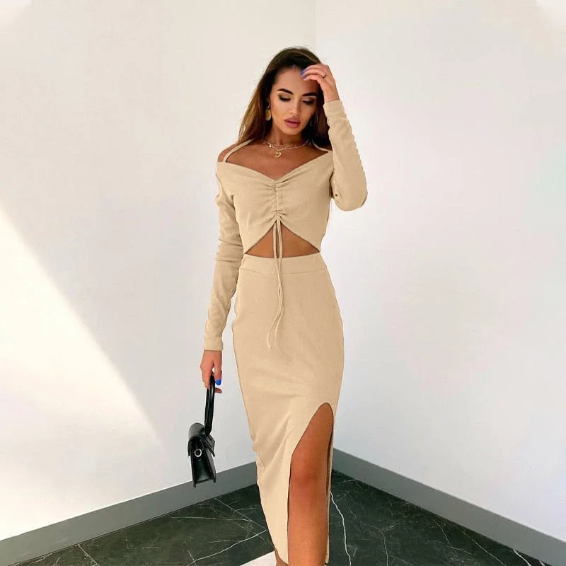 Black Friday Big Sales Two Piece Set Women Skirt Drawstring Strap Cropped Dresses For Women 2023 Off-Shoulder Sexy Split Suits With Skirt Autumn