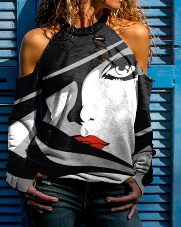 Casual Face Print Off-Shoulder Casual Top