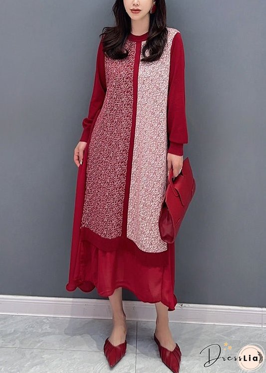 Loose Black O Neck Lace Up Chiffon Patchwork Dress Long Sleeve