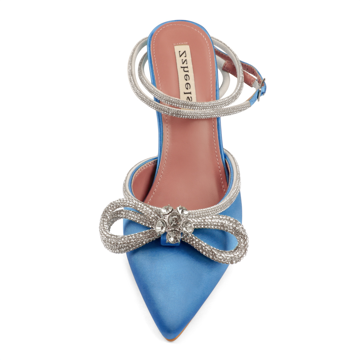 9.5cm/3.74 Women's Double Bow Pointed Toe Ankle Strap Crystal Pumps Wedding Bridal Party Stilettos Backless Satin Heeled Sandals