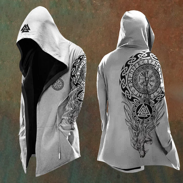 VChics Men's Vintage Viking Wolf Totem Art Hooded Jacket