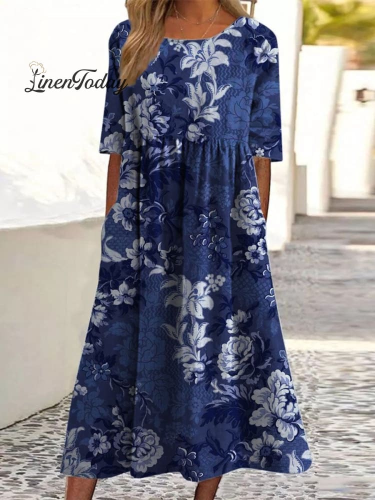 Women’s Vintage Floral Art Print Pocket Cotton Dress Blue / S