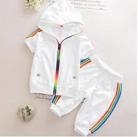 Kid Boy Girl Clothes Sportswear Summer Fashion Short Sleeve Colorful Zipper Hooded Clothing For Girls Children Outfit Set