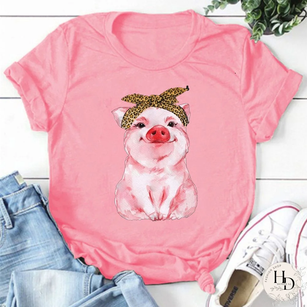 Cute Pig Print T-shirts For Women Summer Lovely Short Sleeve Casual Round Neck T-shirts Ladies Creative Personalized Tops