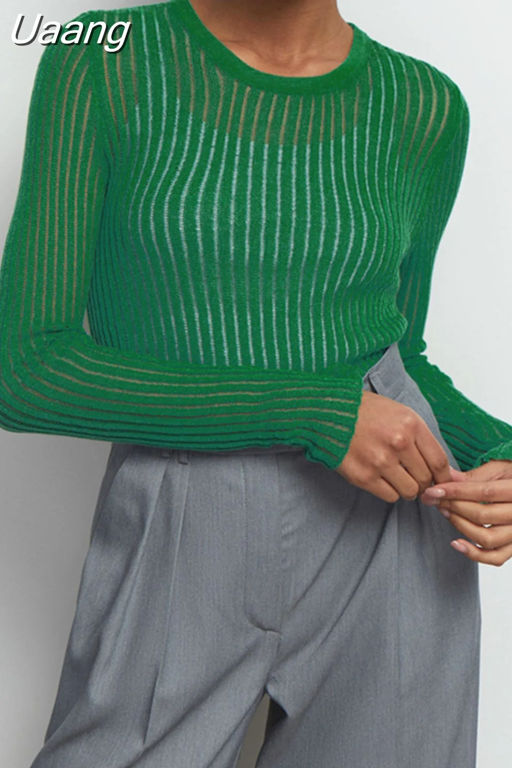 Uaang Sexy Thin Knit Sweater Women Solid Color Basic Pullover Top Casual Cozy Long Sleeve T-shirts 2023 Spring Summer New