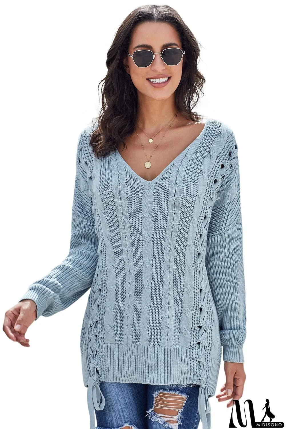 MidiSono - Love Letters Cable Knit Lace Up Sweater