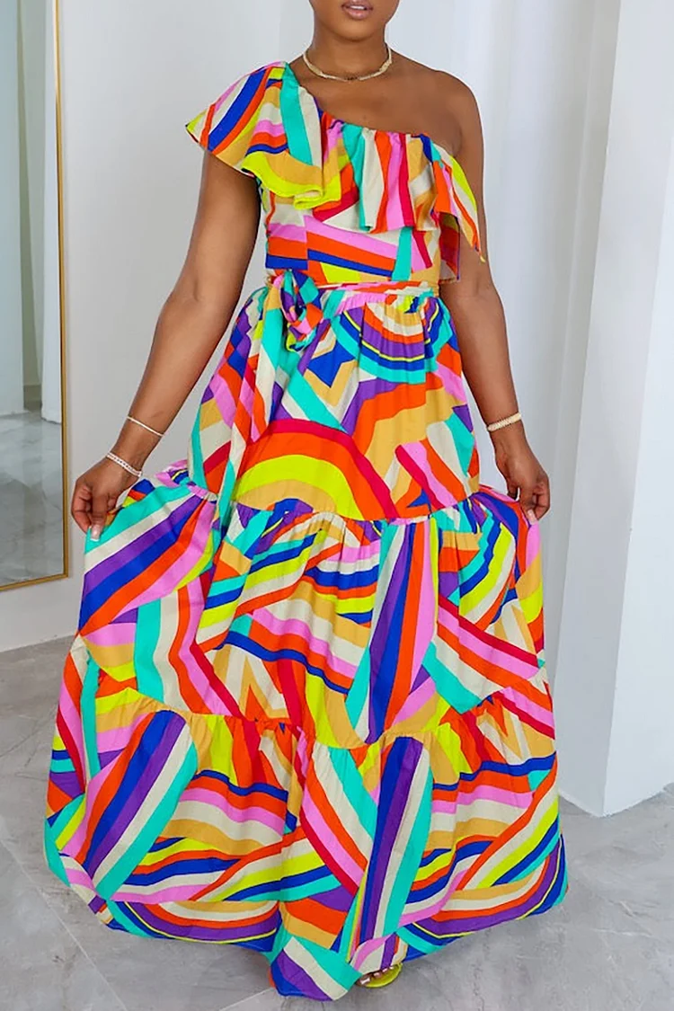 Plus Size Multicolor Vacation All Over Print One Shoulder Ruffle Rainbow Maxi Dresses [Pre-Order]