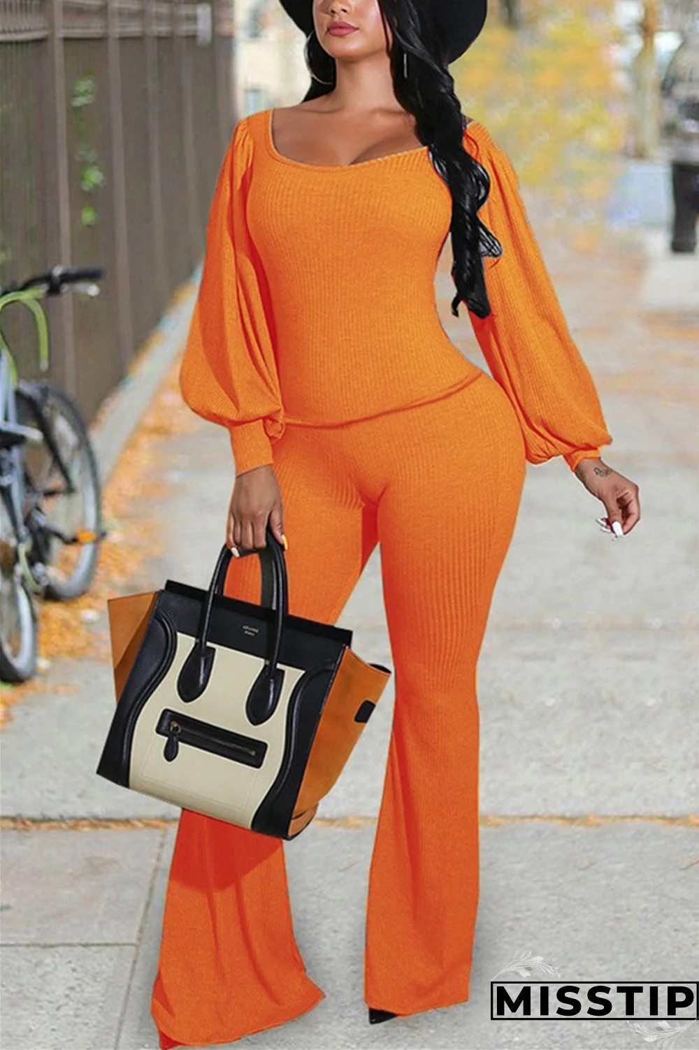 Orange Fashion Casual Solid Basic O Neck Long Sleeve Two Pieces