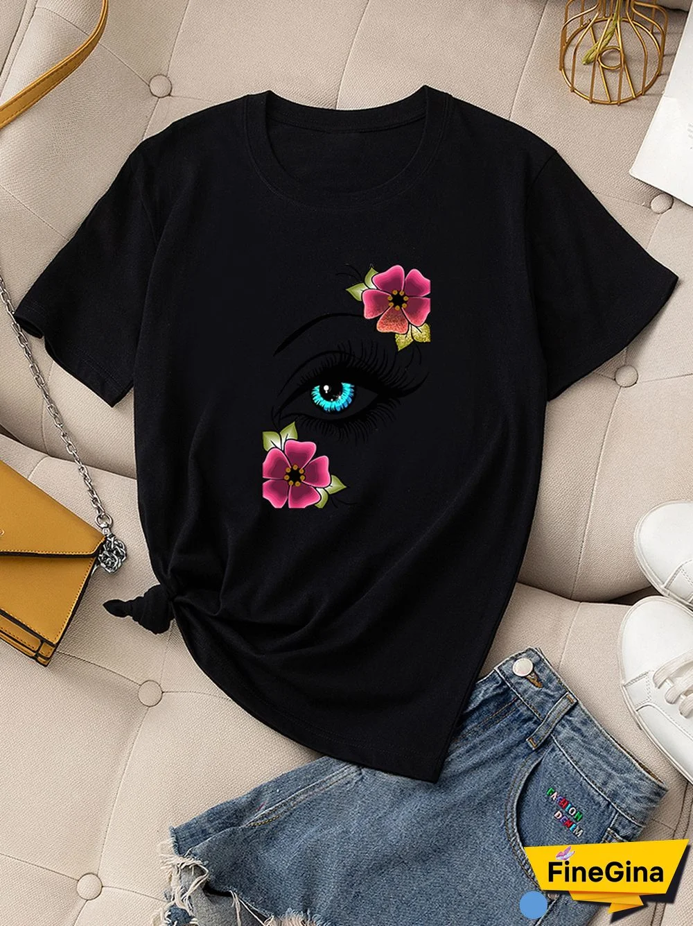 Casual Summer Daily T-shirt Women 100% Cotton Short Sleeve Rose Eye Print Female Graphic Fashion T Shirt Ladies O-Neck Tees Tops