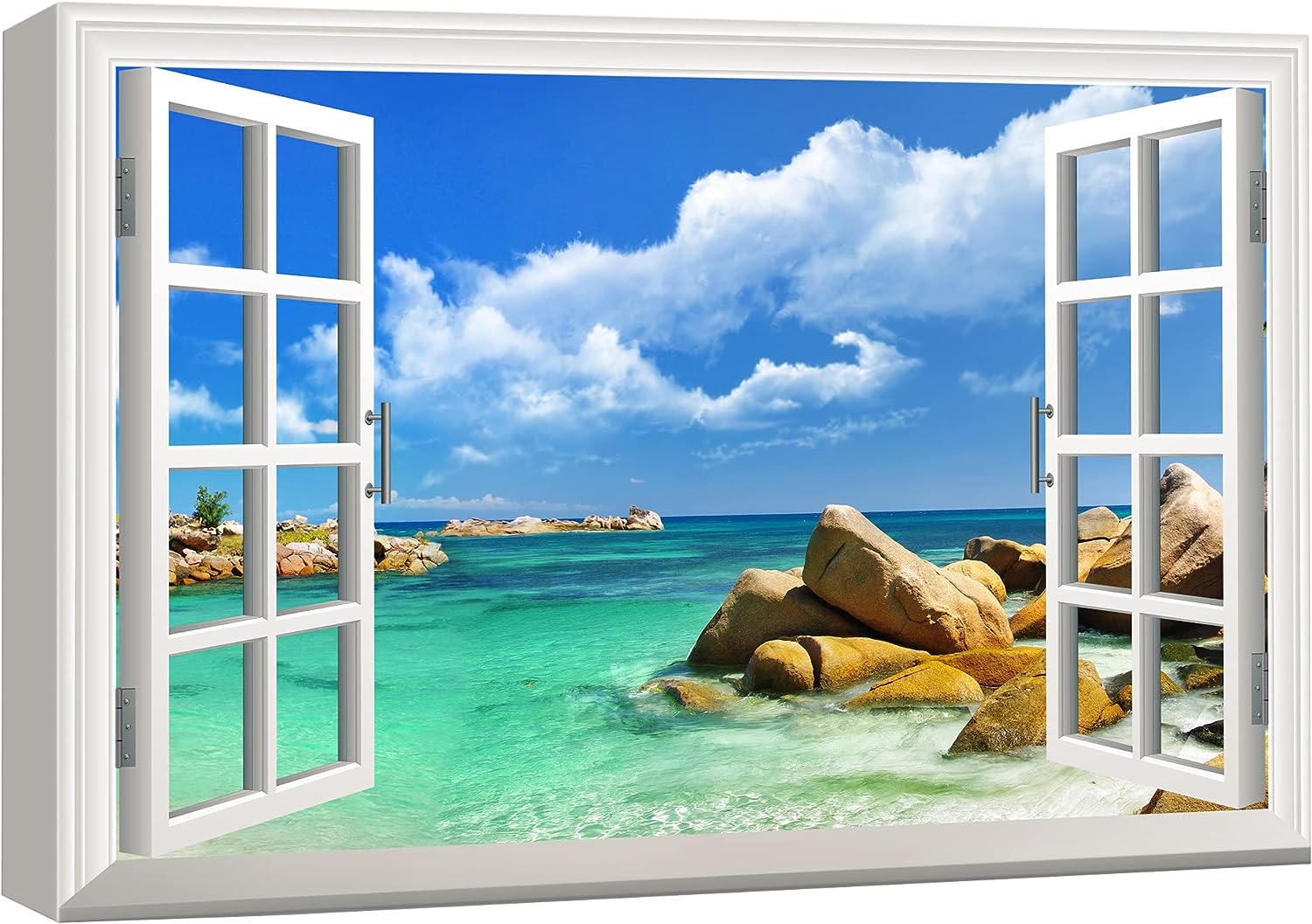 wall26 Canvas Print Wall Art Window View to The Rocky Teal Beach Nature Wilderness Photography Realism Rustic Landscape Colorful Multicolor Ultra for Living Room, Bedroom, Office - 24 inch x36 inch  24&#034; x 36&#034;