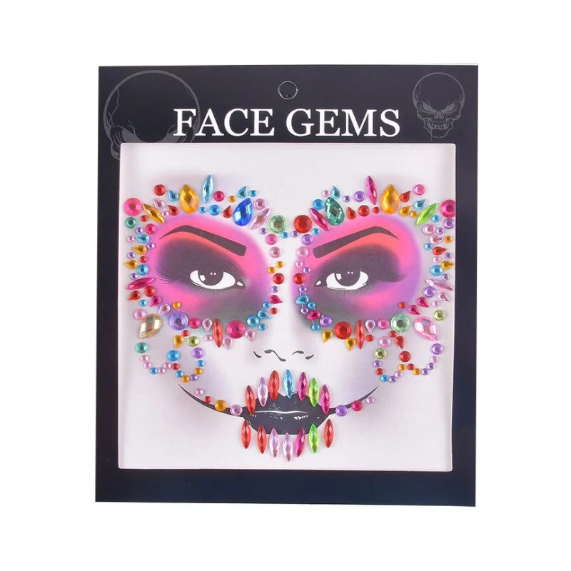3D Gem Face Sticker Ghost Skull Face with Diamond Decoration Fashion Sexy Face Stickers Prom Holiday Party Face Decoration