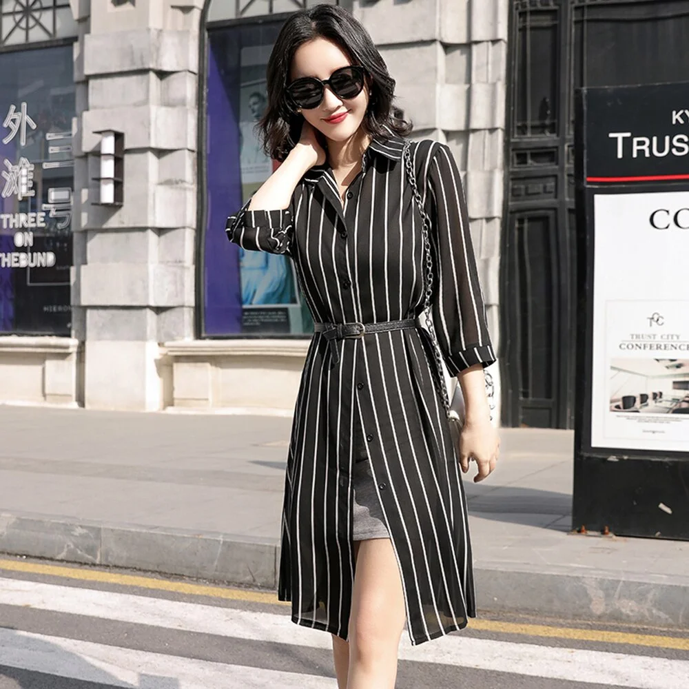 Chiffon Dresses 2020 Summer Women Casual Plaid Striped Dress Tunics Beach Cover Vintage Dress Tunic Robe Femme Cardigan Dresses