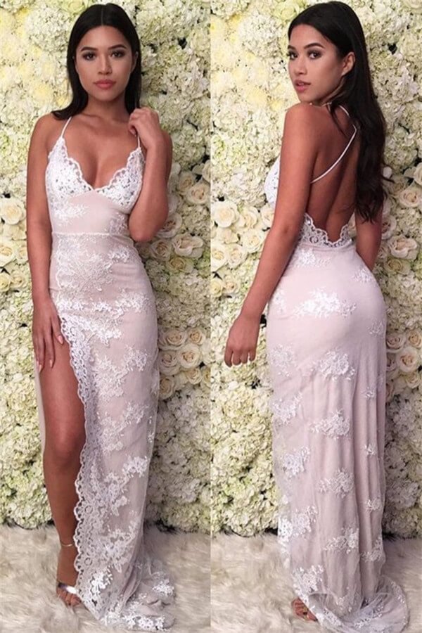 Bellasprom Spaghetti-Straps Sleeveless Lace Prom ress Mermaid With Split