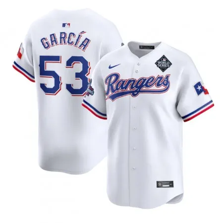 Men's Texas Rangers #53 Adolis Garcia White 2023 World Series Patch And Champions Patch Stitched Baseball  Jersey