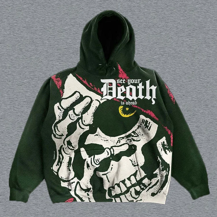 Blindfolded Skull Green Lazy Street 3D Printing Loose Hooded long-sleeved Sweater Hoodie at Hiphopee