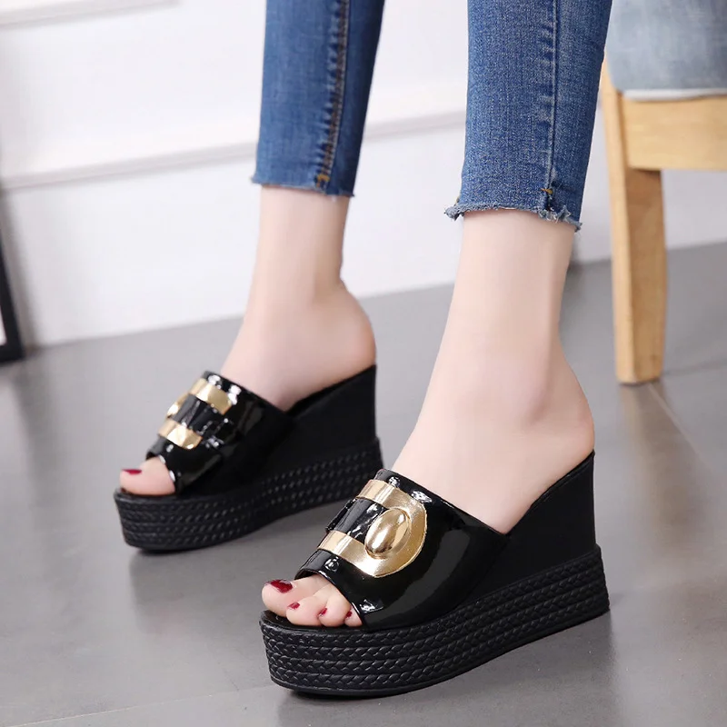 Wongn Wongn Summer New Wedge Sandals Platform Platform Shoes High Heel Fish Mouth Cool Drag A Word Drag Sequins Female Slippers To Wear