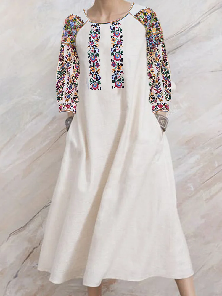 Ursime Ethnic Crew Neck Floral Print Pocket Midi Dress