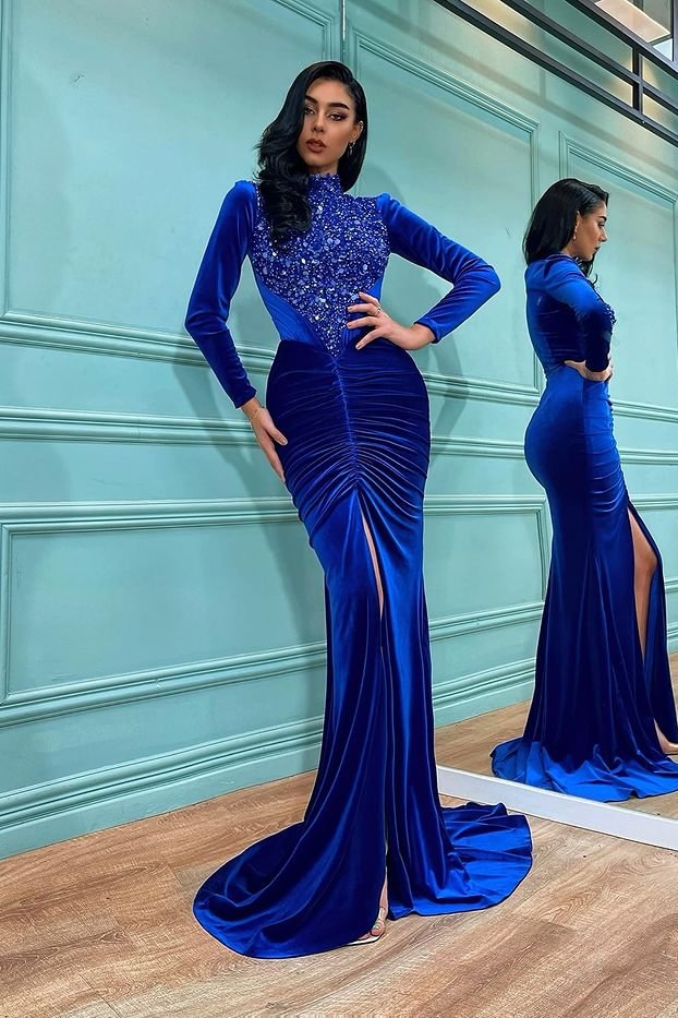 Long Sleeves Royal Blue Mermaid Prom Dress PD0489