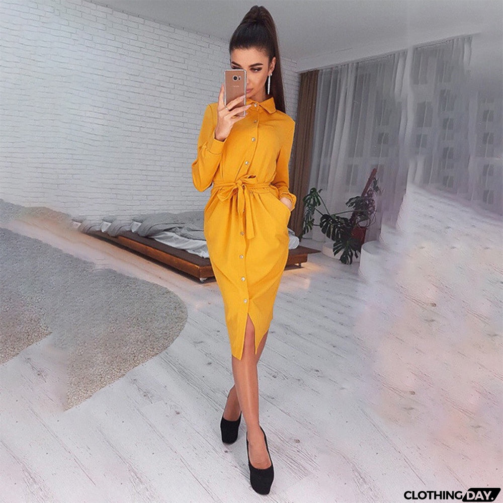 Long Dress Women Autumn Spring Casual Office Ladies Solid Green Long Sleeve Button Up Shirt Dresses Clothes  Fall Fashion