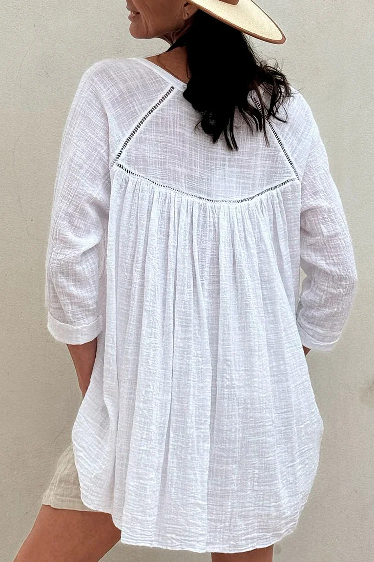 Notched Collar Button Long Sleeve Hollow Out Pleated Linen Blouse [Pre Order]