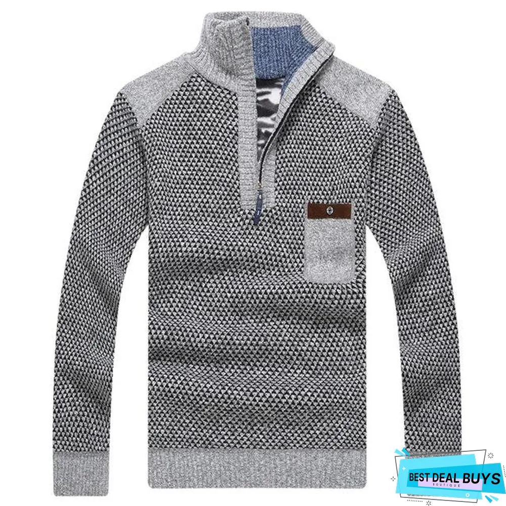 Men Warm Thick Velvet Winter Pullovers Zipper Mandarin Collar Man Casual Clothes Big Size Sweaters Top