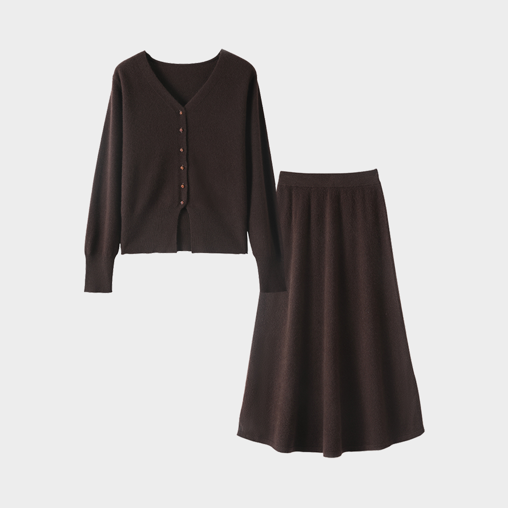 Women's Classic Tailored Deep Brown Cashmere Cardigan and Skirt Set | Casual Wear REAL SILK LIFE