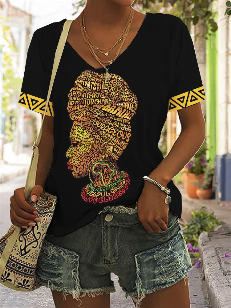 Beautiful Black Women Graphic V Neck Comfy T Shirt