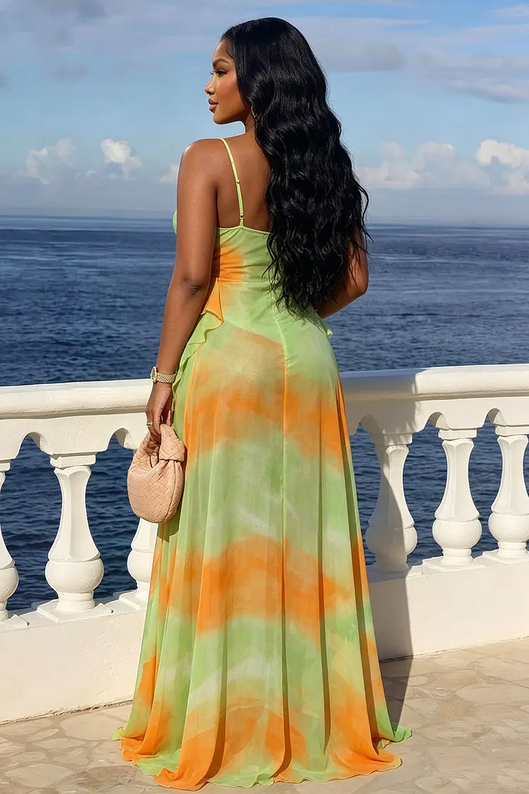 Gradient V Neck Ruffle Slit Vacation Maxi Dresses-Multicolor [Pre Order]