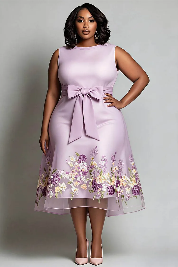 Xpluswear Design Plus Size Wedding Guest Purple Floral Round Neck Bow Tie Midi Dresses [Pre-Order] 2024 - Xpluswear